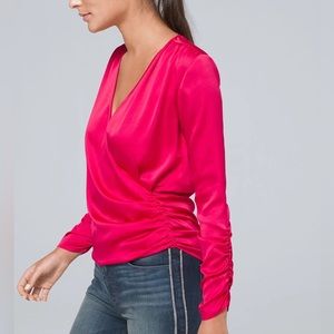 White House Black Market Ruched faux wrap pink blouse Size M